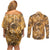 Hawaii Gold Tropical Leaves Couples Matching Off Shoulder Short Dress and Long Sleeve Button Shirt - Polynesian Pride