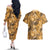 Hawaii Gold Tropical Leaves Couples Matching Off The Shoulder Long Sleeve Dress and Hawaiian Shirt - Polynesian Pride