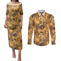 Hawaii Gold Tropical Leaves Couples Matching Puletasi and Long Sleeve Button Shirt - Polynesian Pride