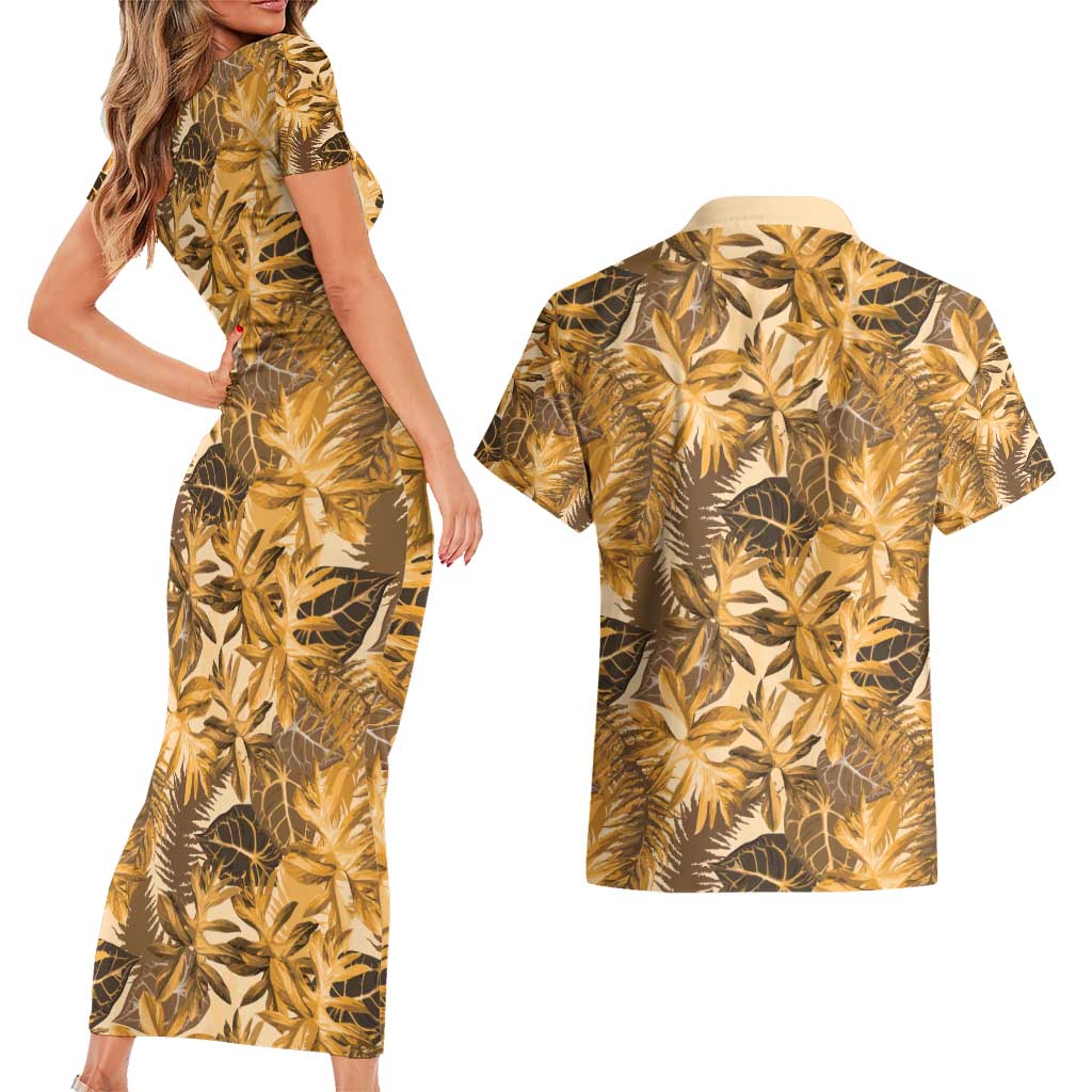 Hawaii Gold Tropical Leaves Couples Matching Short Sleeve Bodycon Dress and Hawaiian Shirt - Polynesian Pride