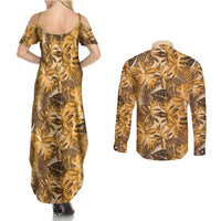 Hawaii Gold Tropical Leaves Couples Matching Summer Maxi Dress and Long Sleeve Button Shirt - Polynesian Pride