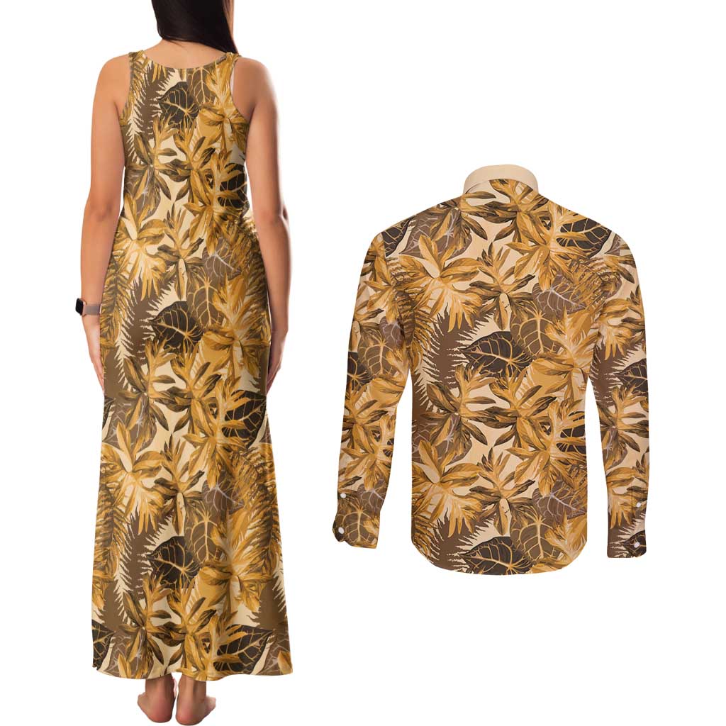 Hawaii Gold Tropical Leaves Couples Matching Tank Maxi Dress and Long Sleeve Button Shirt - Polynesian Pride