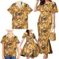 Hawaii Gold Tropical Leaves Family Matching Mermaid Dress and Hawaiian Shirt - Polynesian Pride