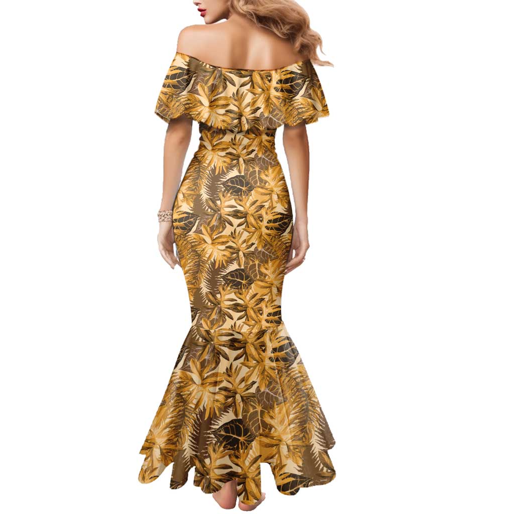 Hawaii Gold Tropical Leaves Family Matching Mermaid Dress and Hawaiian Shirt - Polynesian Pride