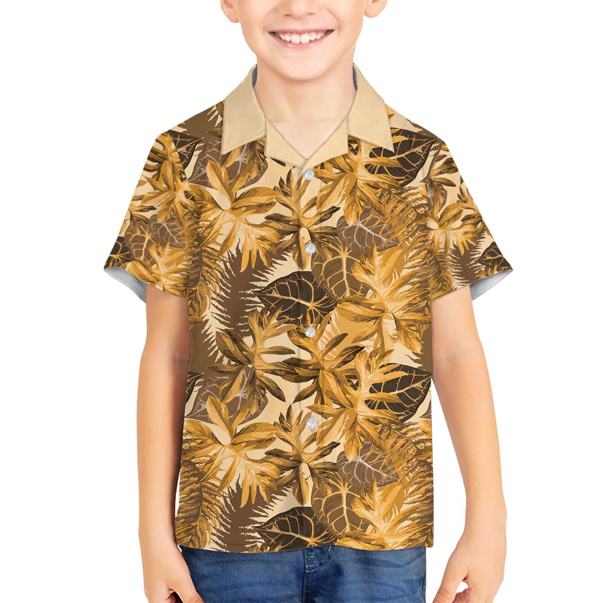 Hawaii Gold Tropical Leaves Family Matching Off The Shoulder Long Sleeve Dress and Hawaiian Shirt - Polynesian Pride