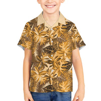 Hawaii Gold Tropical Leaves Family Matching Off The Shoulder Long Sleeve Dress and Hawaiian Shirt - Polynesian Pride
