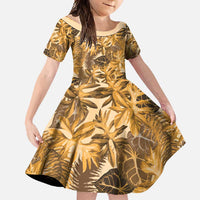 Hawaii Gold Tropical Leaves Family Matching Off Shoulder Maxi Dress and Hawaiian Shirt - Polynesian Pride