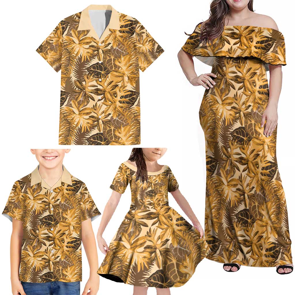 Hawaii Gold Tropical Leaves Family Matching Off Shoulder Maxi Dress and Hawaiian Shirt - Polynesian Pride
