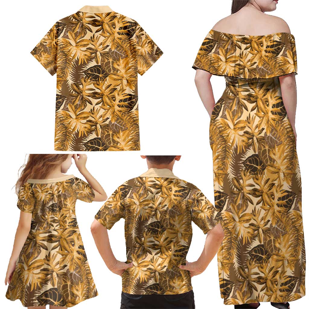 Hawaii Gold Tropical Leaves Family Matching Off Shoulder Maxi Dress and Hawaiian Shirt - Polynesian Pride