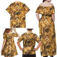 Hawaii Gold Tropical Leaves Family Matching Off Shoulder Maxi Dress and Hawaiian Shirt - Polynesian Pride