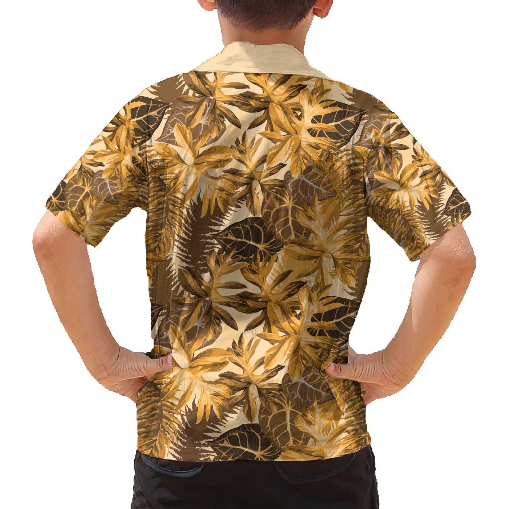 Hawaii Gold Tropical Leaves Family Matching Off Shoulder Short Dress and Hawaiian Shirt - Polynesian Pride