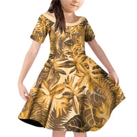 Hawaii Gold Tropical Leaves Family Matching Off Shoulder Short Dress and Hawaiian Shirt - Polynesian Pride
