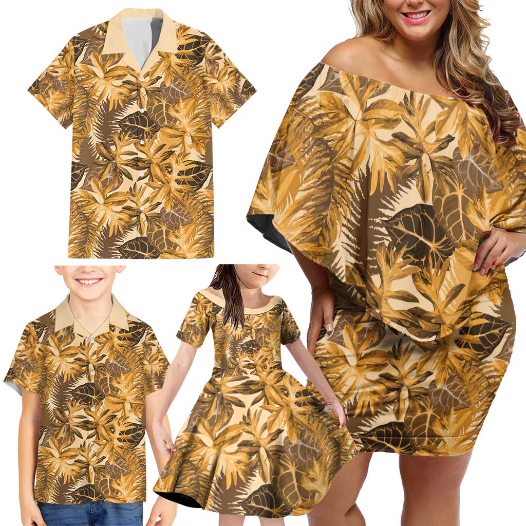 Hawaii Gold Tropical Leaves Family Matching Off Shoulder Short Dress and Hawaiian Shirt - Polynesian Pride
