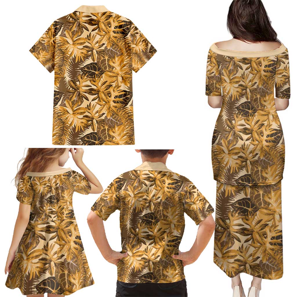 Hawaii Gold Tropical Leaves Family Matching Puletasi and Hawaiian Shirt - Polynesian Pride