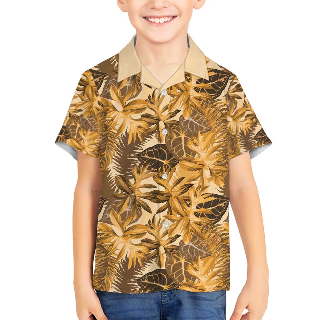Hawaii Gold Tropical Leaves Family Matching Short Sleeve Bodycon Dress and Hawaiian Shirt - Polynesian Pride