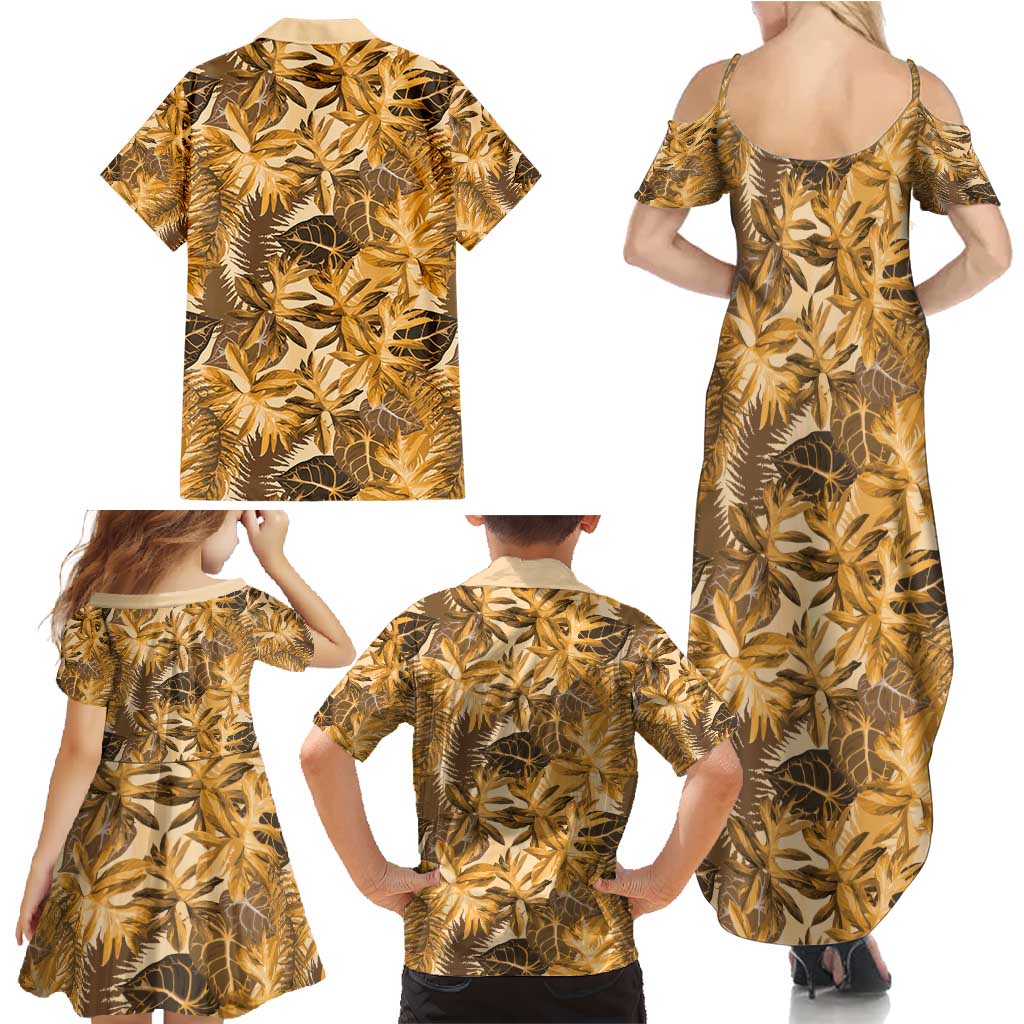 Hawaii Gold Tropical Leaves Family Matching Summer Maxi Dress and Hawaiian Shirt - Polynesian Pride