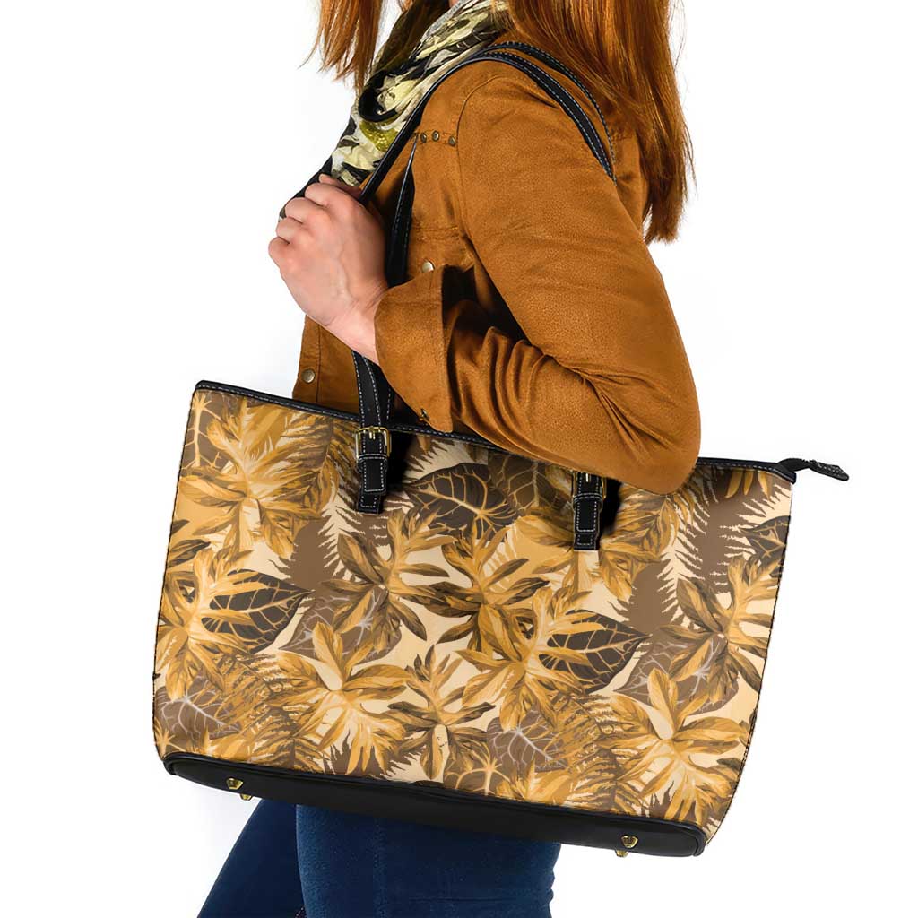 Hawaii Gold Tropical Leaves Leather Tote Bag - Polynesian Pride