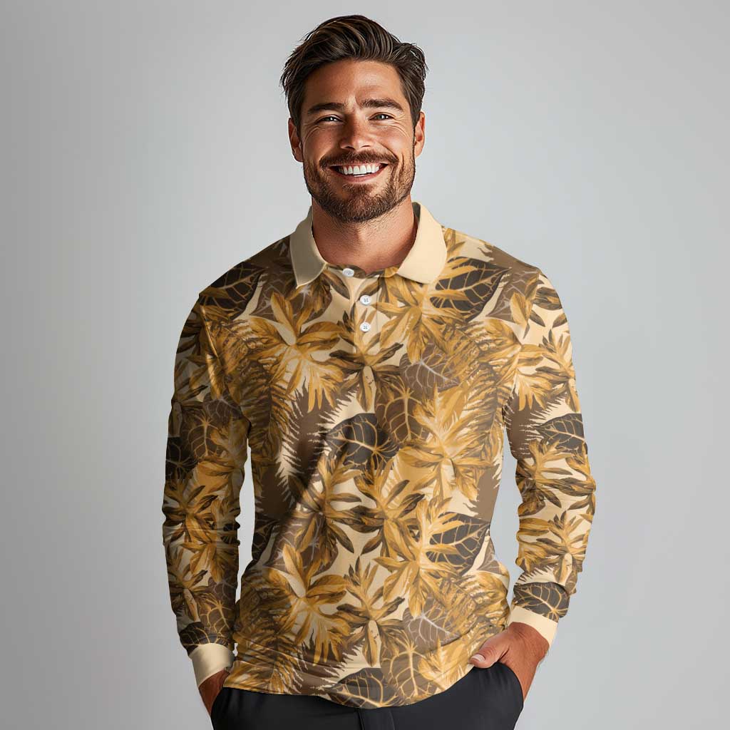 Hawaii Gold Tropical Leaves Long Sleeve Polo Shirt - Polynesian Pride