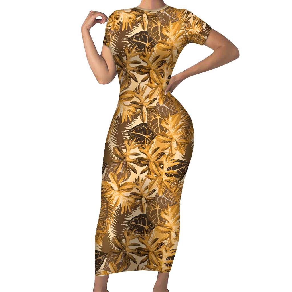 Hawaii Gold Tropical Leaves Short Sleeve Bodycon Dress