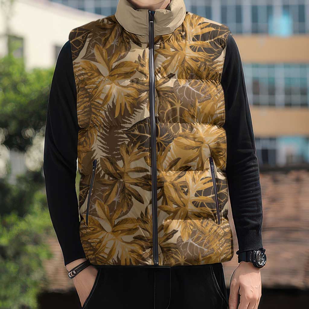 Hawaii Gold Tropical Leaves Sleeveless Puffer Jacket - Polynesian Pride