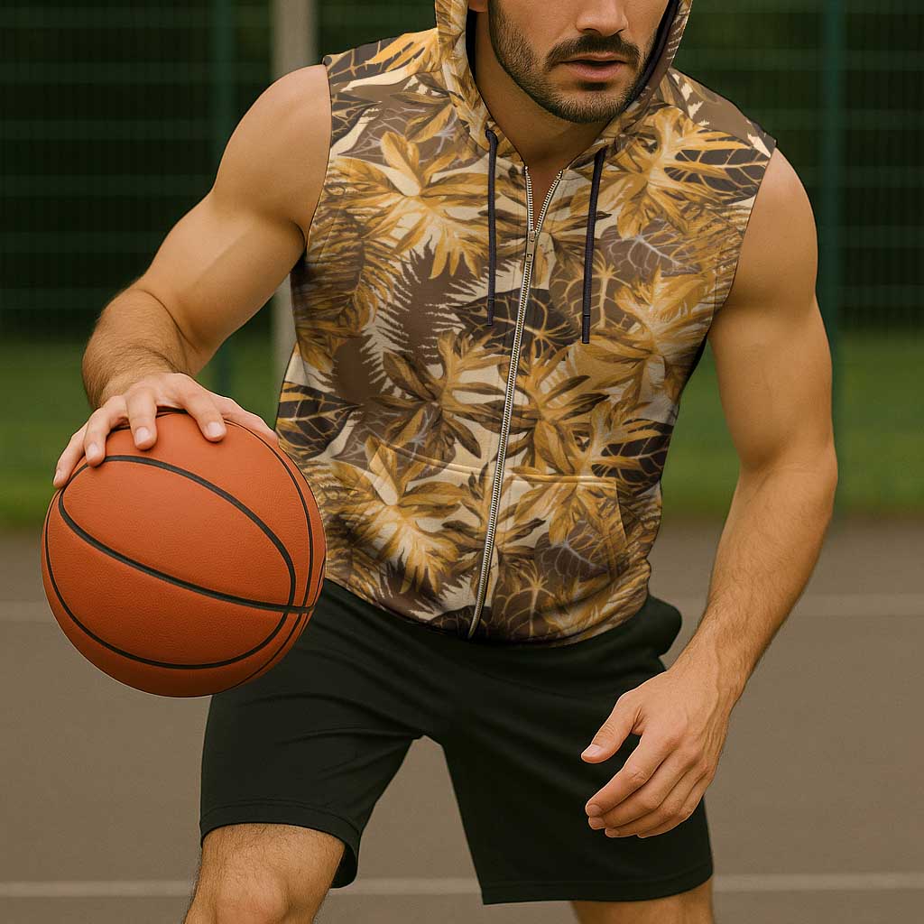 Hawaii Gold Tropical Leaves Sleeveless Zip Hoodie - Polynesian Pride