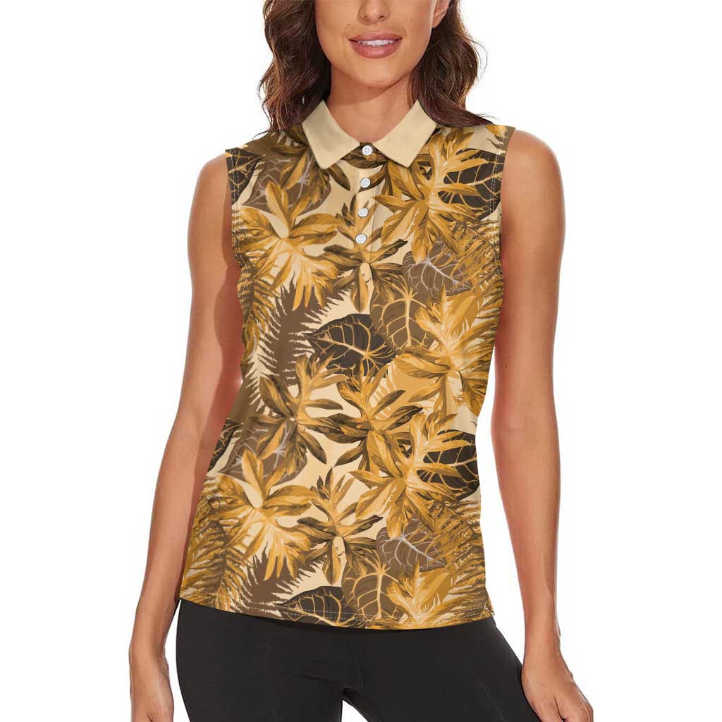 Hawaii Gold Tropical Leaves Women Sleeveless Polo Shirt - Polynesian Pride