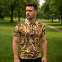 Hawaii Gold Tropical Leaves Zipper Polo Shirt - Polynesian Pride