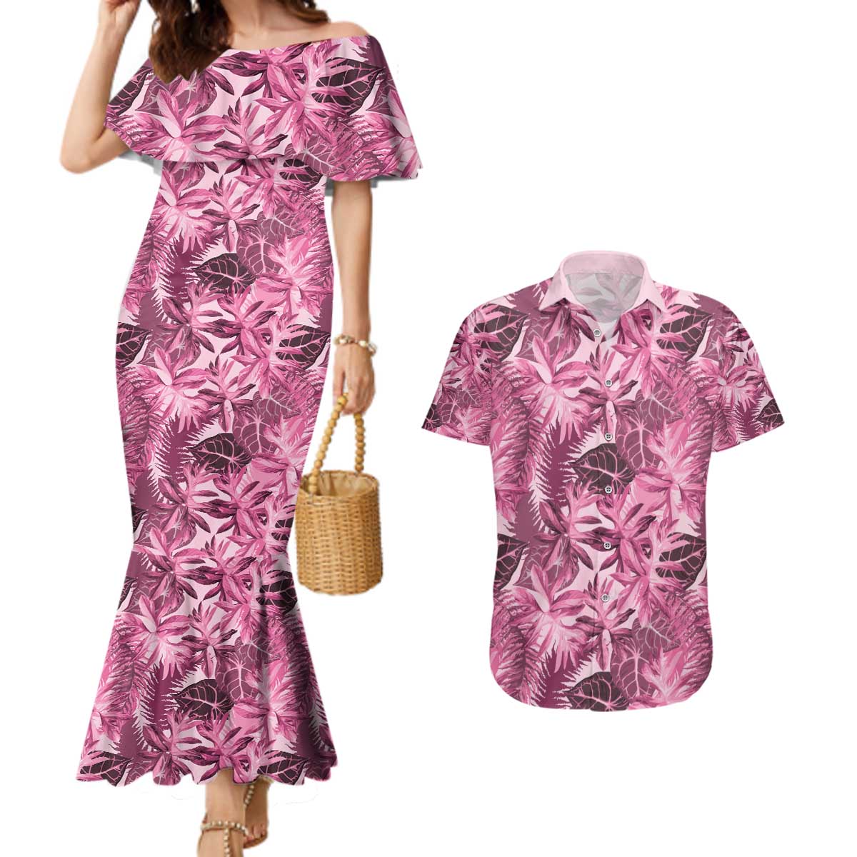 Hawaii Pink Tropical Leaves Couples Matching Mermaid Dress and Hawaiian Shirt - Polynesian Pride
