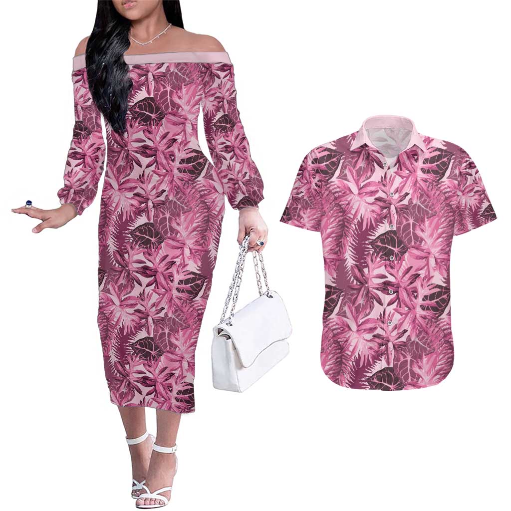 Hawaii Pink Tropical Leaves Couples Matching Off The Shoulder Long Sleeve Dress and Hawaiian Shirt - Polynesian Pride