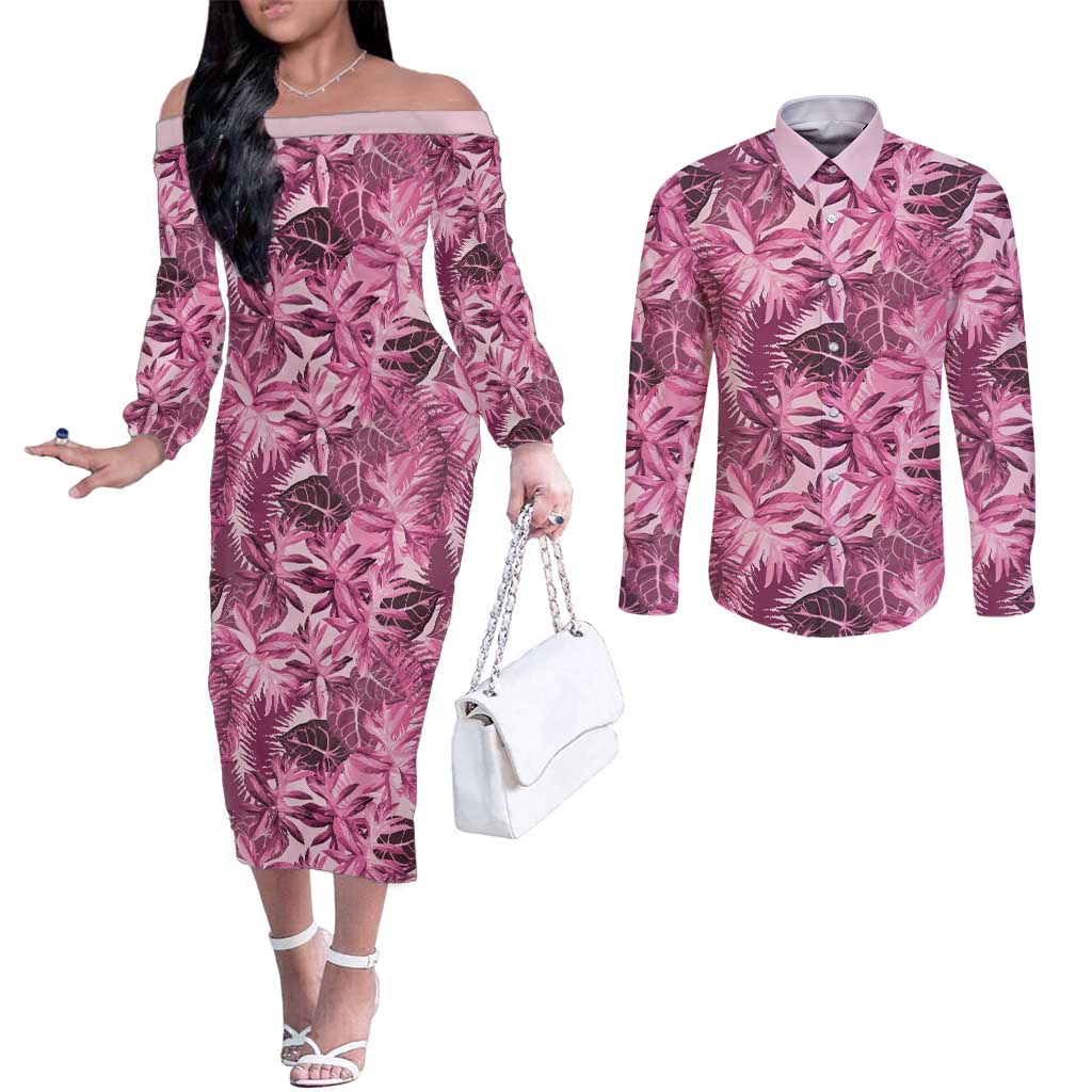 Hawaii Pink Tropical Leaves Couples Matching Off The Shoulder Long Sleeve Dress and Long Sleeve Button Shirt - Polynesian Pride