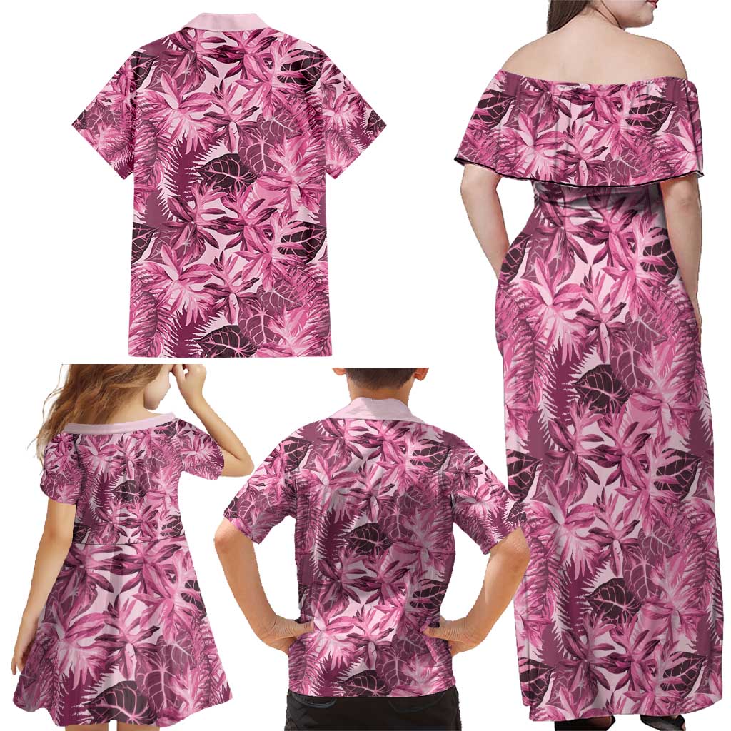 Hawaii Pink Tropical Leaves Family Matching Off Shoulder Maxi Dress and Hawaiian Shirt - Polynesian Pride