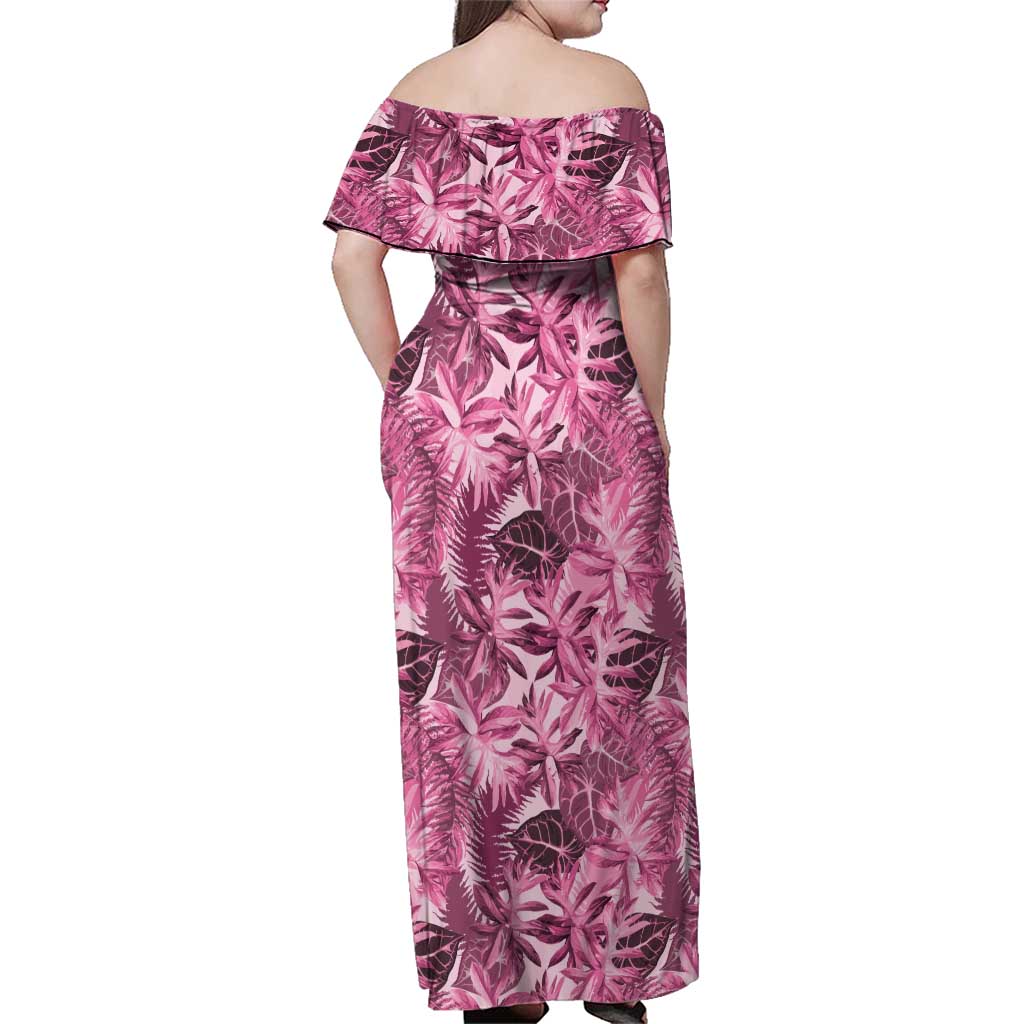 Hawaii Pink Tropical Leaves Family Matching Off Shoulder Maxi Dress and Hawaiian Shirt - Polynesian Pride