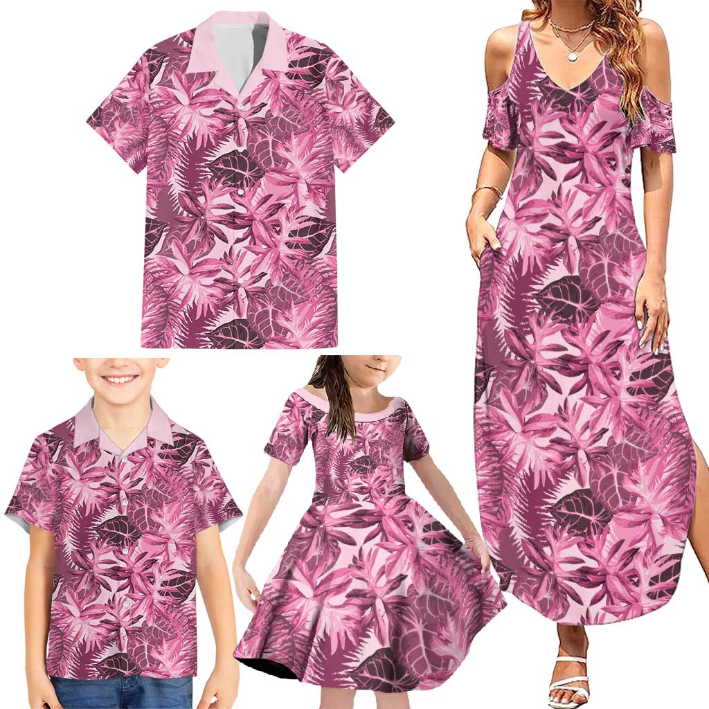 Hawaii Pink Tropical Leaves Family Matching Summer Maxi Dress and Hawaiian Shirt - Polynesian Pride
