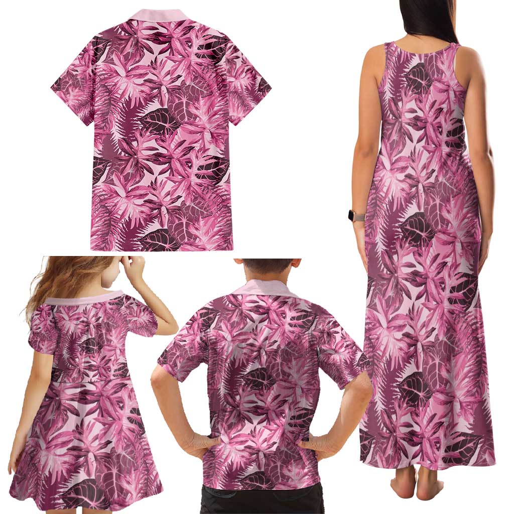 Hawaii Pink Tropical Leaves Family Matching Tank Maxi Dress and Hawaiian Shirt - Polynesian Pride