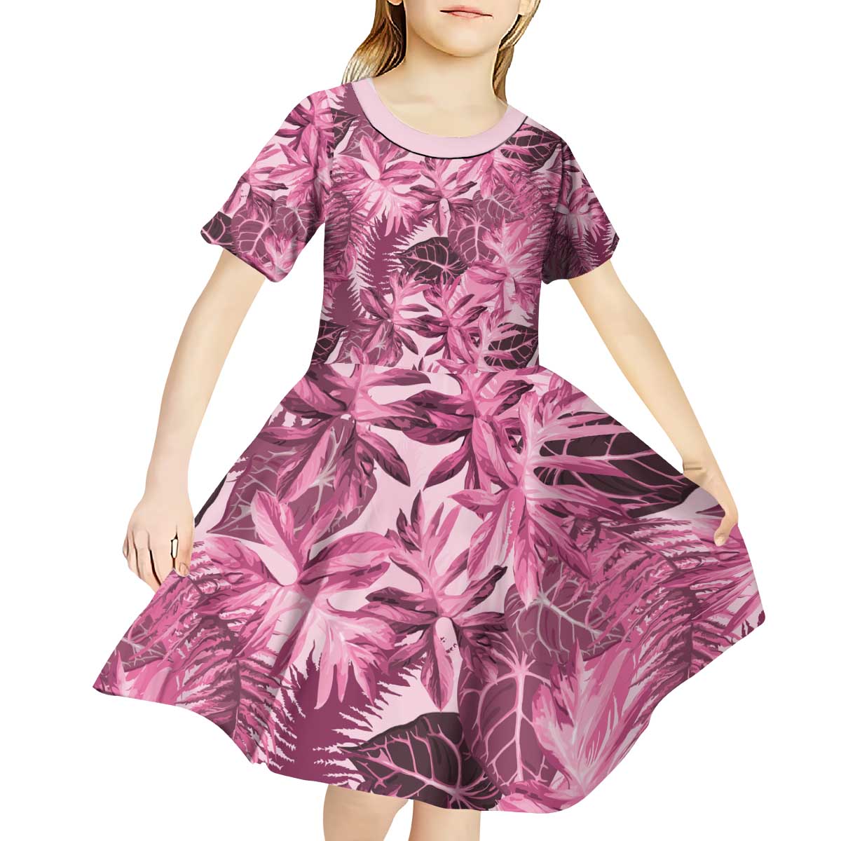 Hawaii Pink Tropical Leaves Kid Short Sleeve Dress - Polynesian Pride