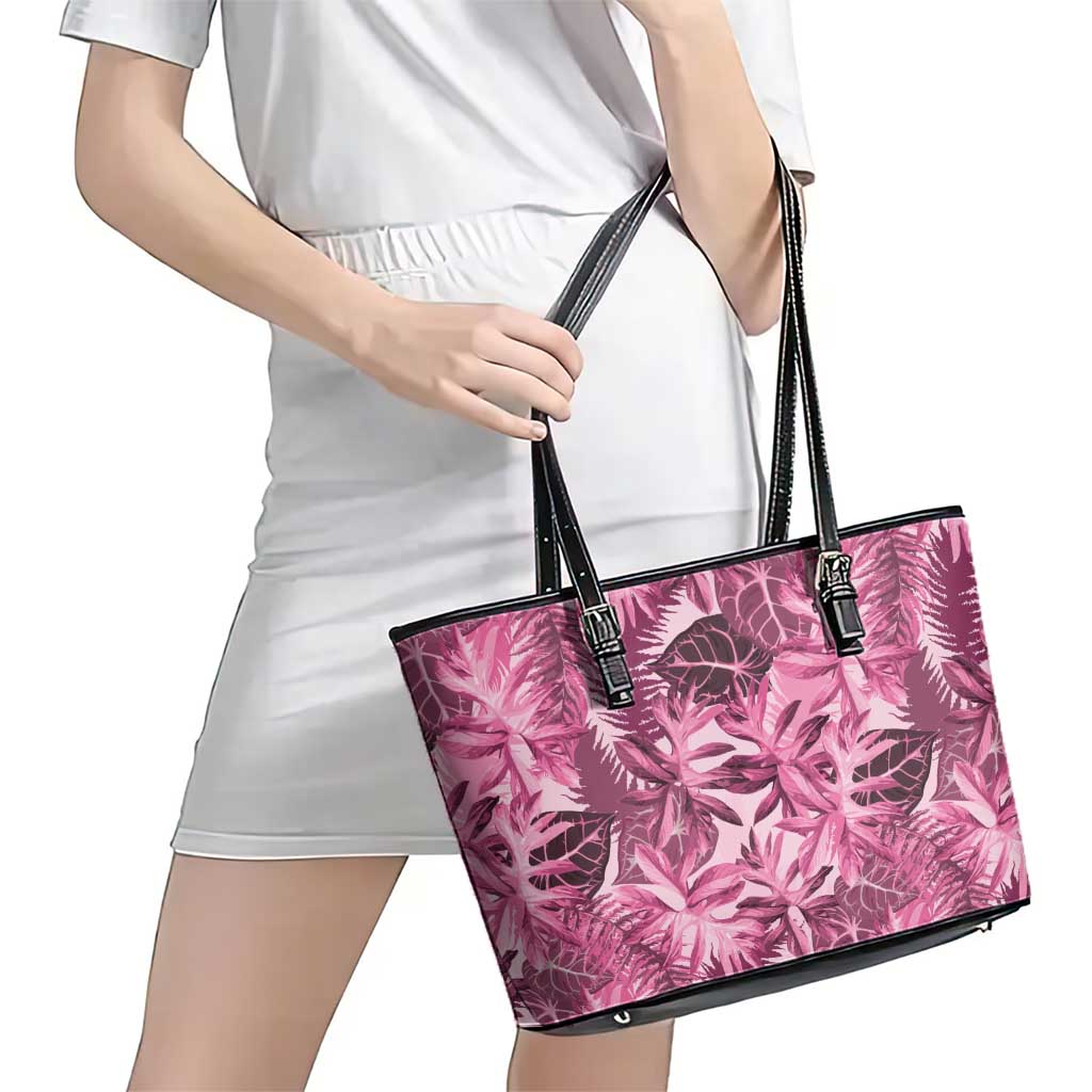 Hawaii Pink Tropical Leaves Leather Tote Bag - Polynesian Pride