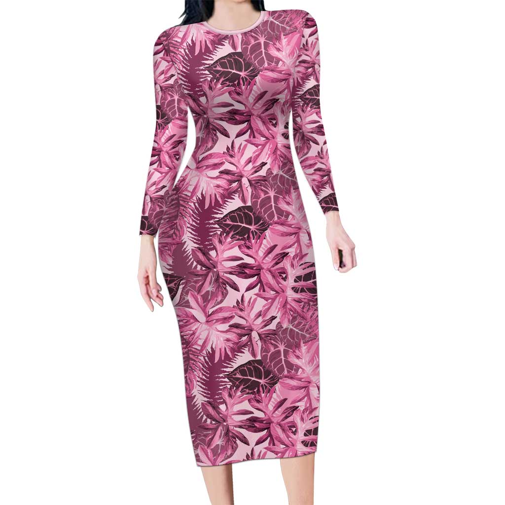 Hawaii Pink Tropical Leaves Long Sleeve Bodycon Dress - Polynesian Pride