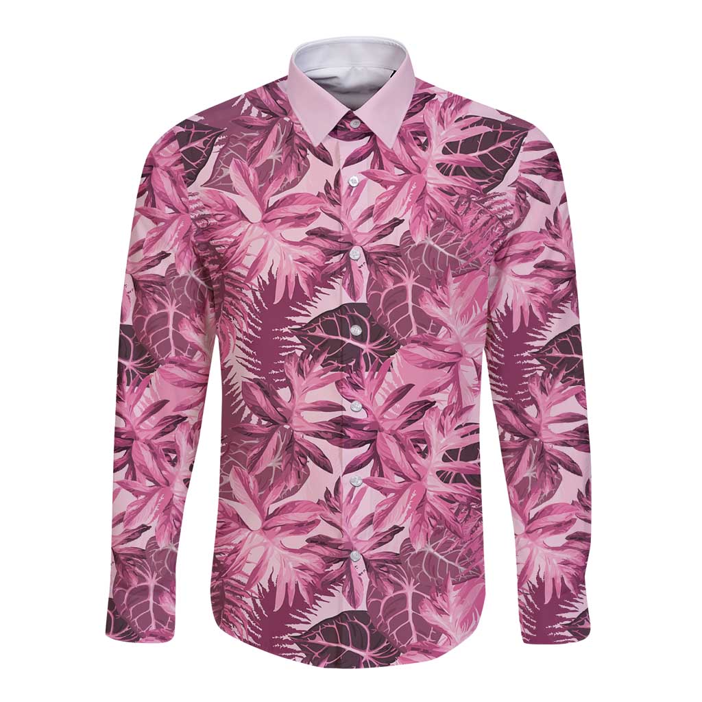 Hawaii Pink Tropical Leaves Long Sleeve Button Shirt - Polynesian Pride