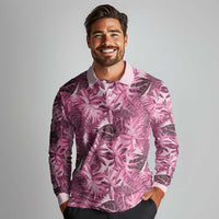 Hawaii Pink Tropical Leaves Long Sleeve Polo Shirt - Polynesian Pride