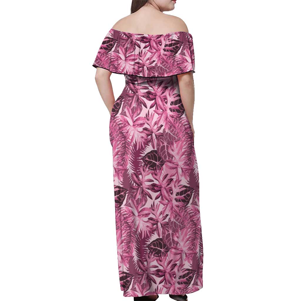 Hawaii Pink Tropical Leaves Off Shoulder Maxi Dress - Polynesian Pride