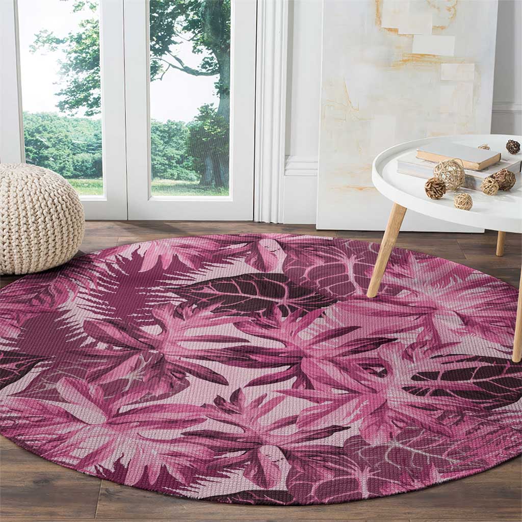 Hawaii Pink Tropical Leaves Round Carpet - Polynesian Pride