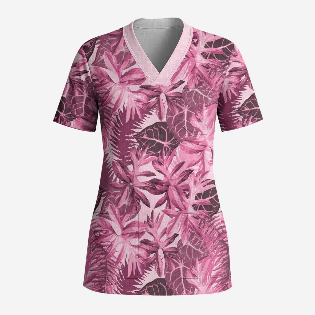 Hawaii Pink Tropical Leaves Scrub Top LT01 Adult Pink - Polynesian Pride
