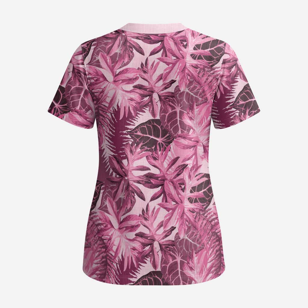 Hawaii Pink Tropical Leaves Scrub Top - Polynesian Pride