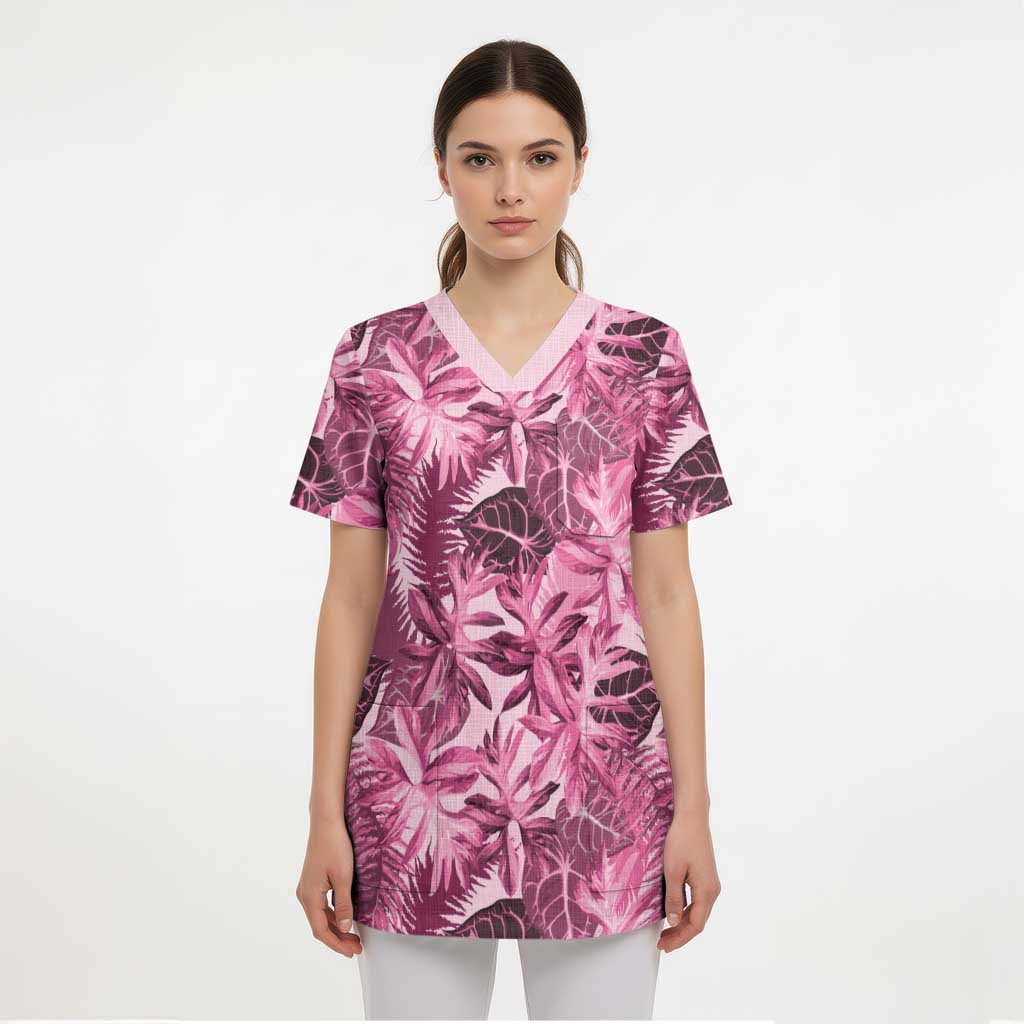 Hawaii Pink Tropical Leaves Scrub Top - Polynesian Pride