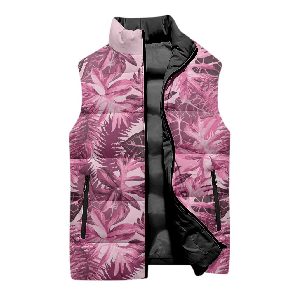 Hawaii Pink Tropical Leaves Sleeveless Puffer Jacket - Polynesian Pride