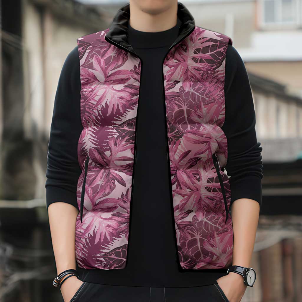 Hawaii Pink Tropical Leaves Sleeveless Puffer Jacket - Polynesian Pride