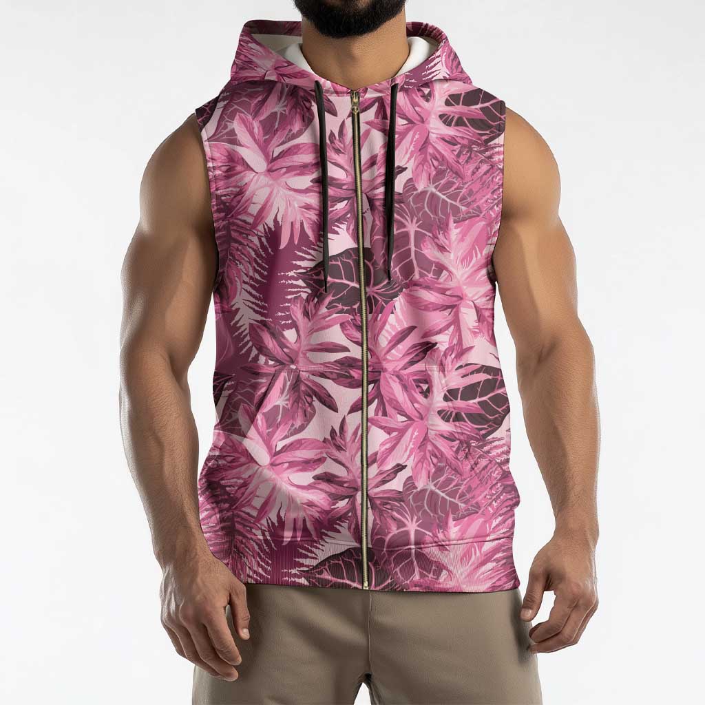 Hawaii Pink Tropical Leaves Sleeveless Zip Hoodie - Polynesian Pride