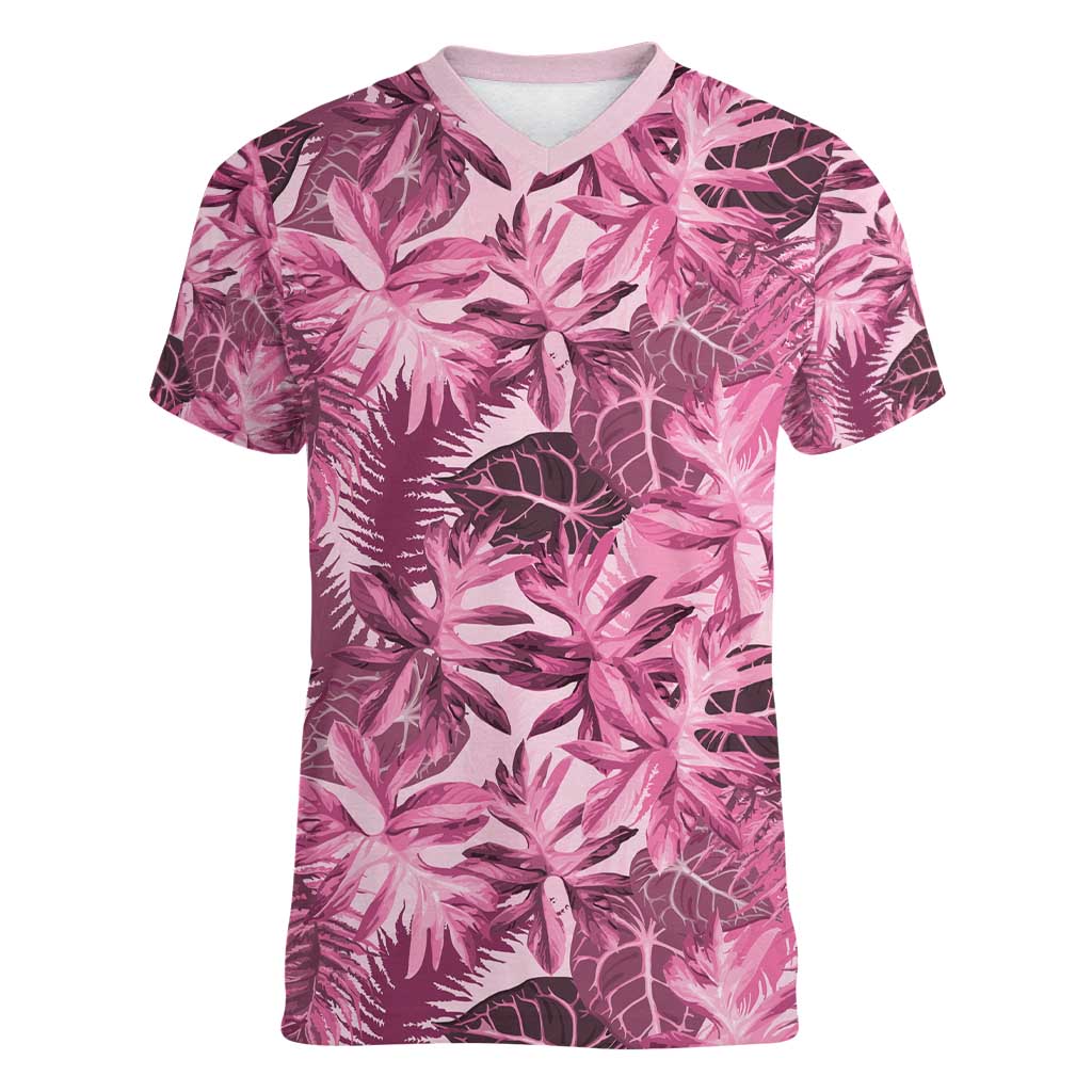 Hawaii Pink Tropical Leaves Women V-Neck T-Shirt - Polynesian Pride