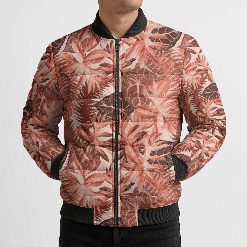 Hawaii Red Brown Tropical Leaves Bomber Puffer Jacket - Polynesian Pride