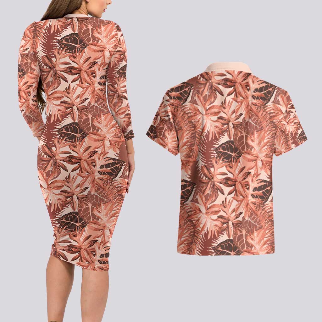 Hawaii Red Brown Tropical Leaves Couples Matching Long Sleeve Bodycon Dress and Hawaiian Shirt - Polynesian Pride